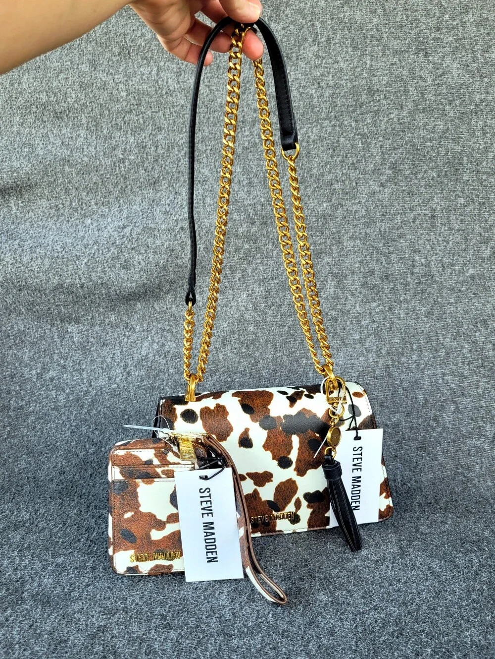 Steve Madden Cow Print Matching Shoulder Crossbody Handbag and Card Wallet Set